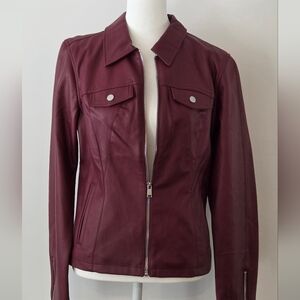 Women's Burgundy Leather Zip Front Jacket